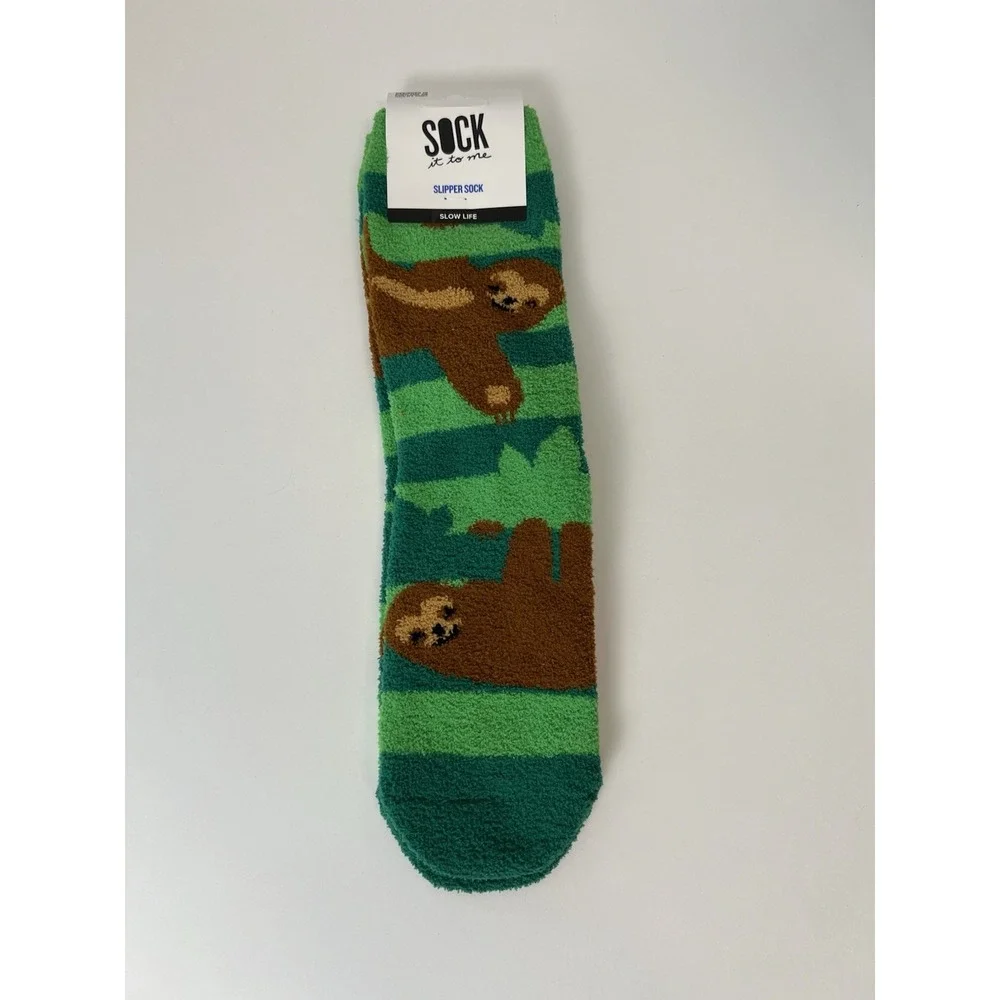 Sock it to me Slipper sock-Slow life Fuzzy warm‎ non-slip grip green sloth
